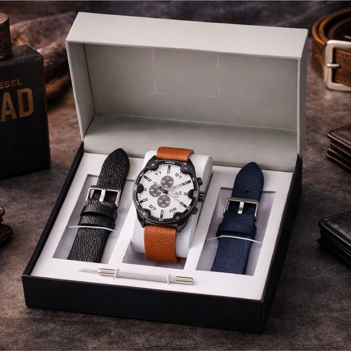 Set GB hombre reloj XXL piel + 2 correas extra