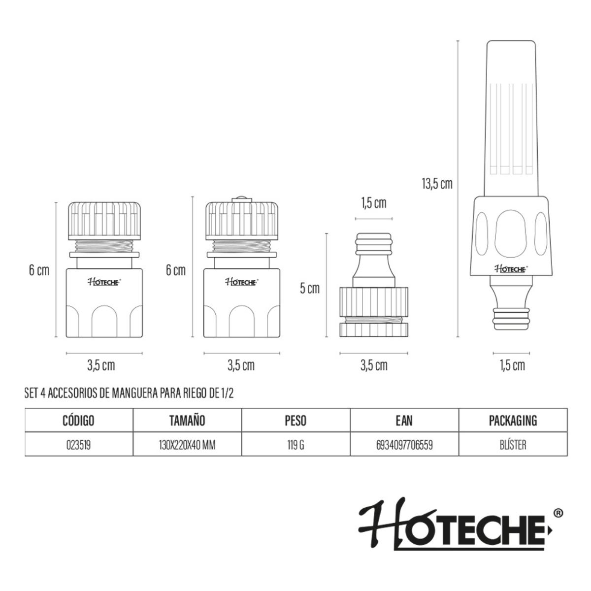 Accesorios para manguera de riego 1/2 – 4 piezas