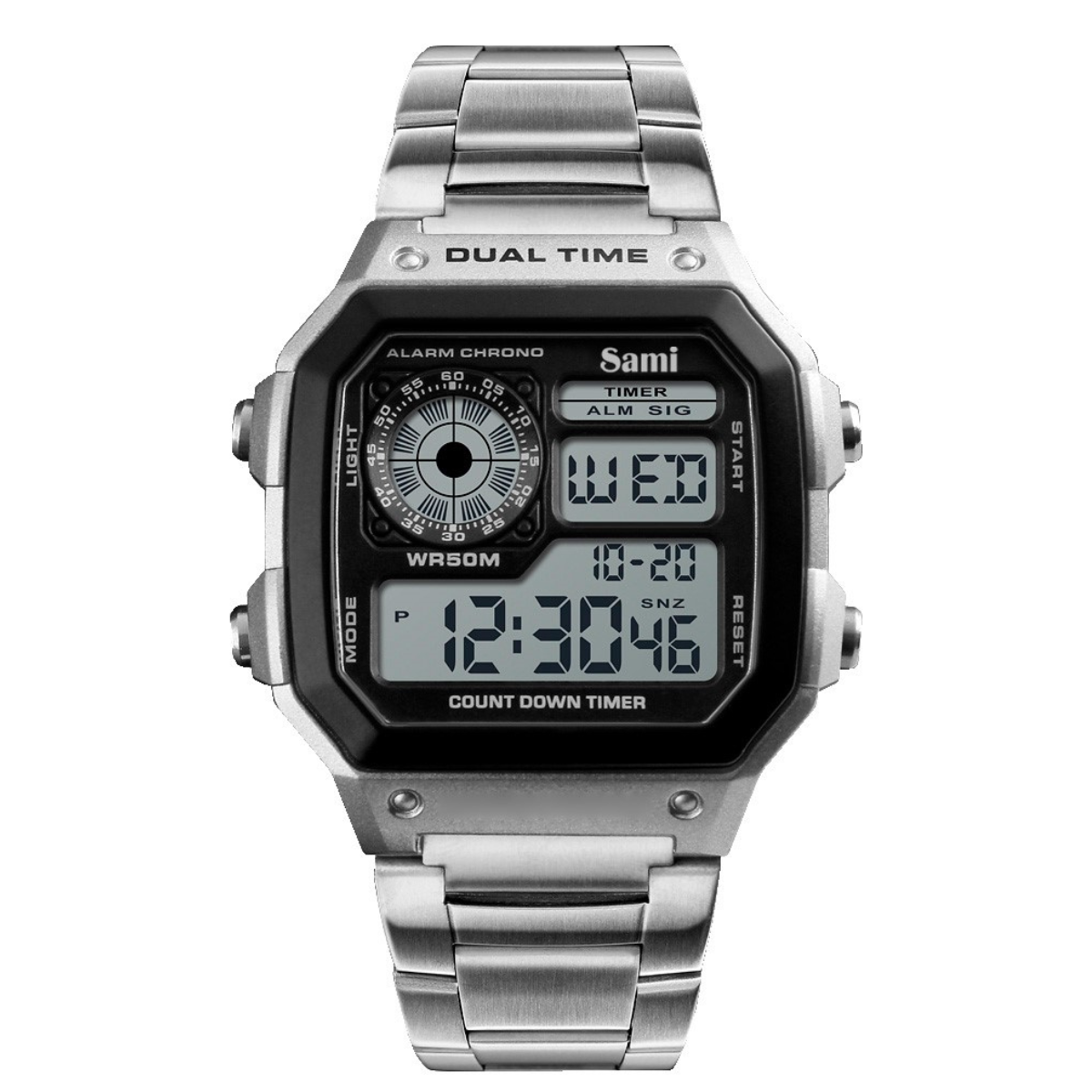 Reloj Sami Vintage cuadrado LCD WR50M acero
