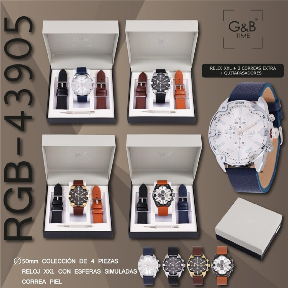 Set GB hombre reloj XXL piel + 2 correas extra