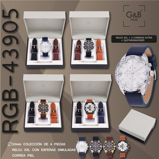 Set GB hombre reloj XXL piel + 2 correas extra