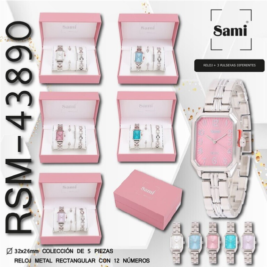 Set Sami mujer reloj rectangular + 3 pulseras