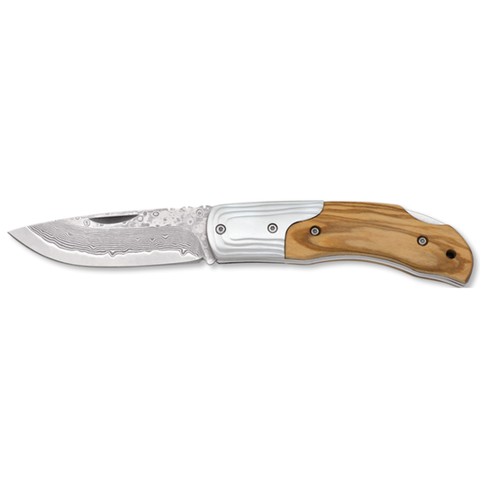 Navaja damasco olivo – hoja 7,9 cm – colección premium